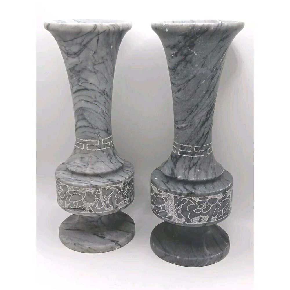Pair Of Hand Crafted Marble Fluted Vase Etched Set, Vintage, J.R. Rodgers Ltd 8"